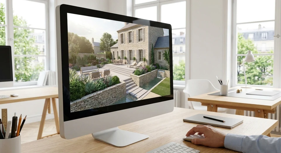 Gros plan d'un &eacute;cran d'ordinateur montrant un plan paysager en vue 3D profesionnelle color&eacute; et d&eacute;taill&eacute; d'un jardin avec maison, terrasse, plantations et &eacute;l&eacute;ments paysagers, avec la main d'un professionnel utilisant une souris &agrave; c&ocirc;t&eacute;, dans un environnement de bureau clair et moderne.