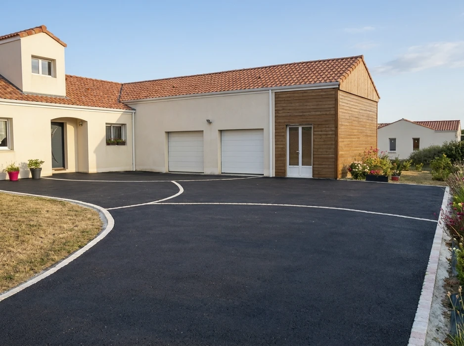 Allée de maison particulière en enrobé bitumineux noir, fraîchement posé, avec bordures en pavés blancs formant des courbes élégantes