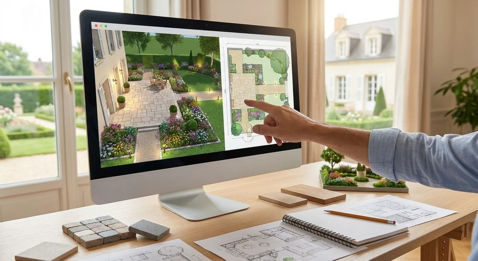Photographie réaliste d'un bureau de consultation paysagère : vue de trois-quarts d'un écran d'ordinateur affichant un plan 3D de jardin coloré et détaillé (avec terrasse, plantations, aménagements) accompagné d'un plan 2D en arrière-plan, avec en premier plan une main pointant une zone du design, feuilles de papier avec croquis paysagers éparpillées sur le bureau, crayon, maquette ou matériaux d'échantillon. Lumière naturelle douce, ambiance professionnelle et accueillante.