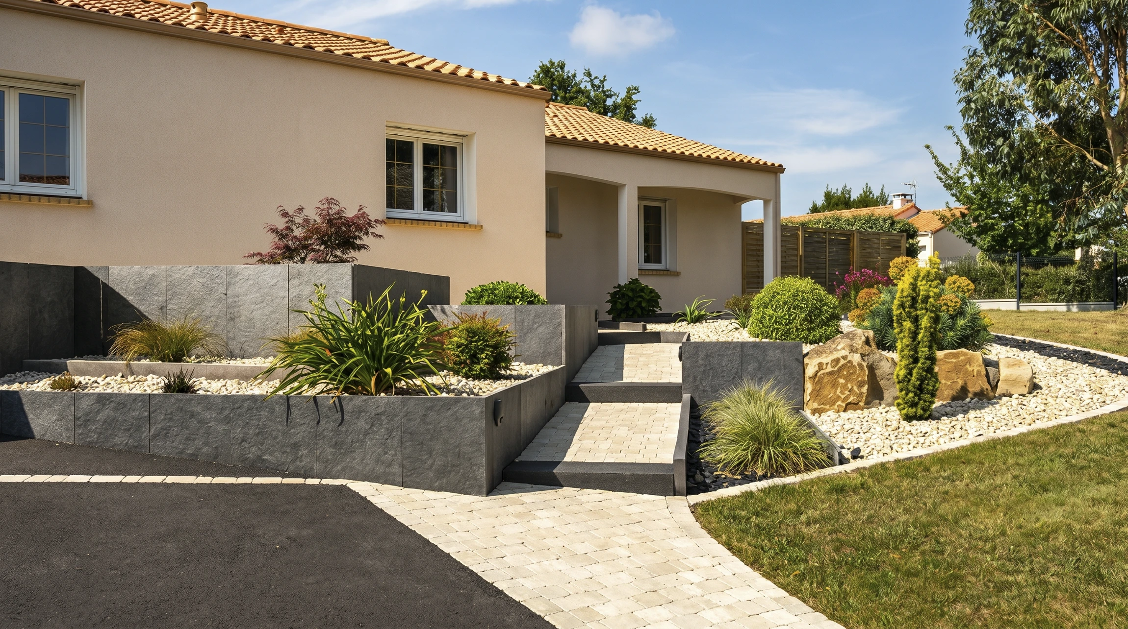 Aménagement paysager résidentiel moderne, façade maison provençale crépi beige, toiture tuiles canal terre cuite