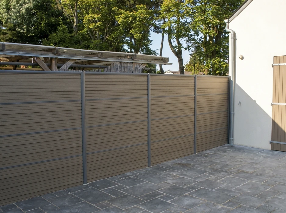 Terrasse extérieure dallée en ardoise grise, clôturée par des panneaux composites WPC (Wood Plastic Composite) à lames horizontales, teinte teck clair