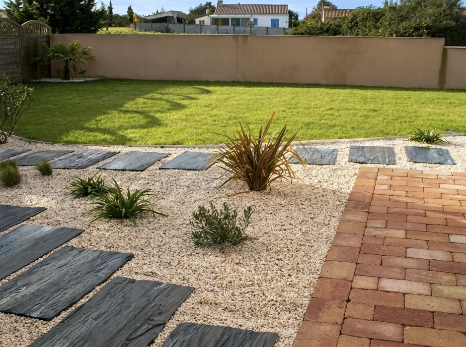 Jardin aménagé moderne avec allée en pavés de briques rouges, dalles en ardoise noire posées sur gravier calcaire blanc