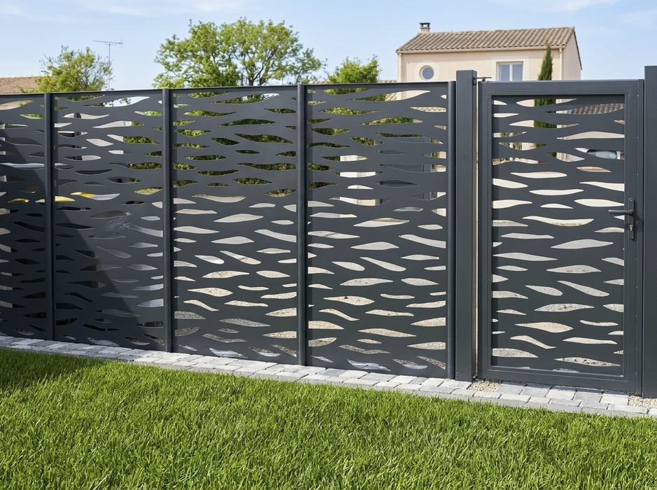Clôture aluminium gris anthracite à découpes laser motif vagues organiques, composée de 4 panneaux pleins perforés et un portillon battant avec serrure