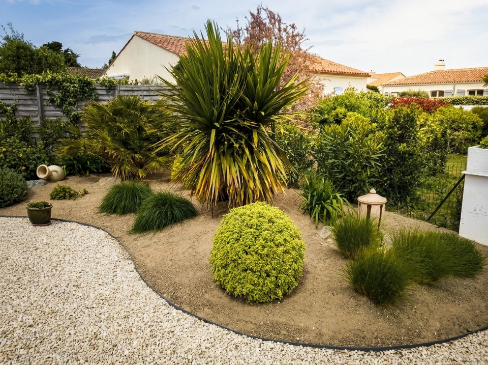 Jardin résidentiel soigné, pelouse tondue rase et uniforme d'un vert vif, illuminée par une lumière rasante créant de longues ombres portées