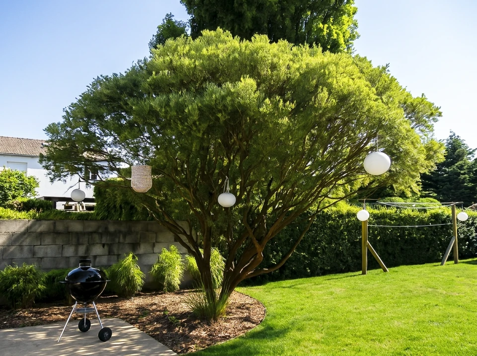 Terrasse extérieure en bois exotique type ipé, planches posées en lames horizontales