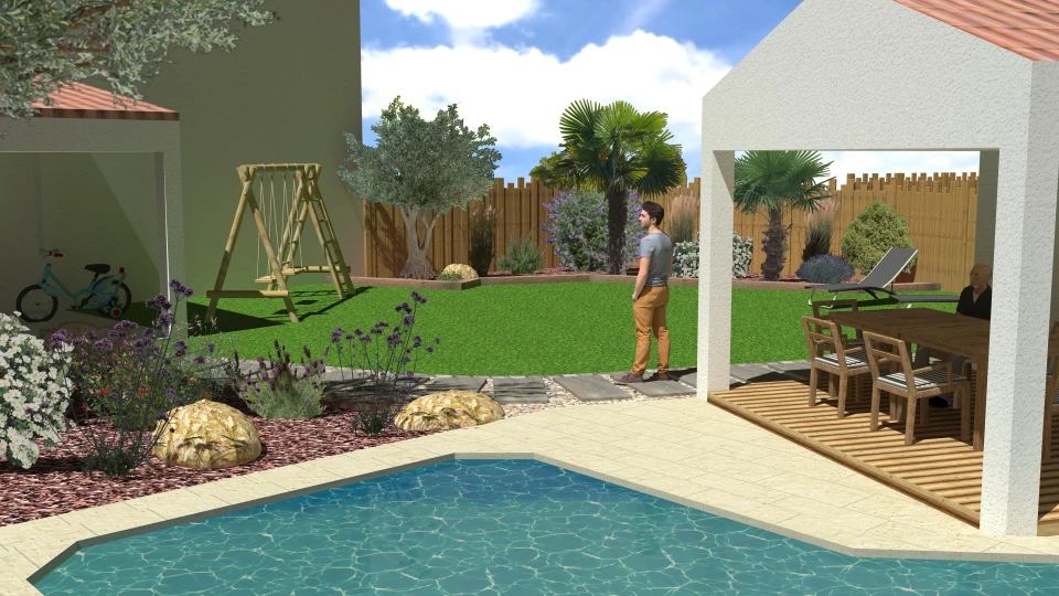 Photographie réelle d'un jardin aménagé montrant un espace extérieur harmonieux avec terrasse, plantations bien entretenues, chemins délimités et éclairage extérieur discret. La scène doit présenter un jardin de résidence particulière transformé et professionnellement aménagé, reflétant le savoir-faire d'une entreprise d'aménagement paysager. Lumière naturelle douce en fin d'après-midi mettant en valeur les éléments aménagés.