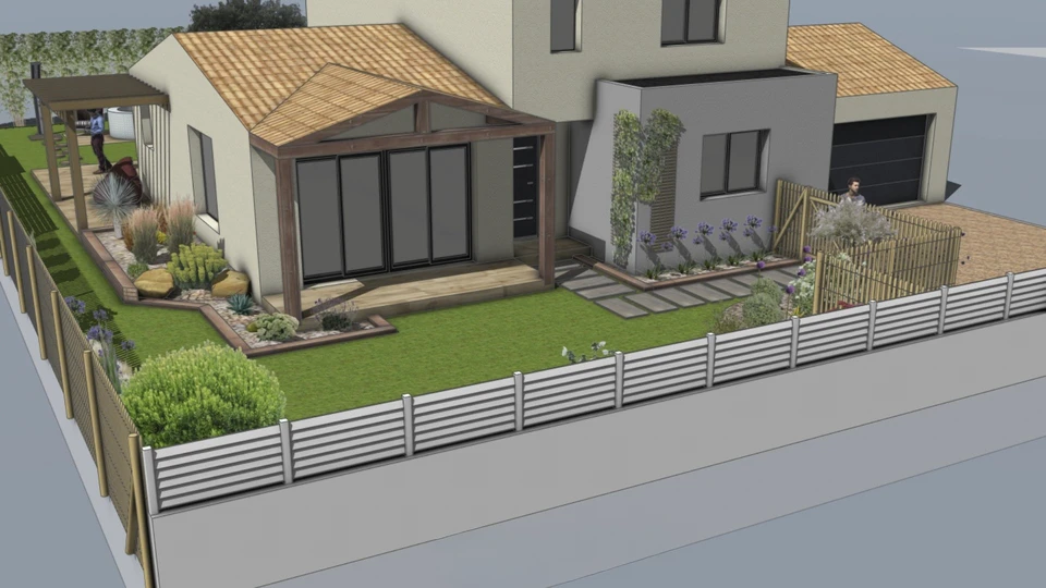 Rendu 3d de maison et de voiture de banlieue avec jardin, soleil et nuages sur fond orange