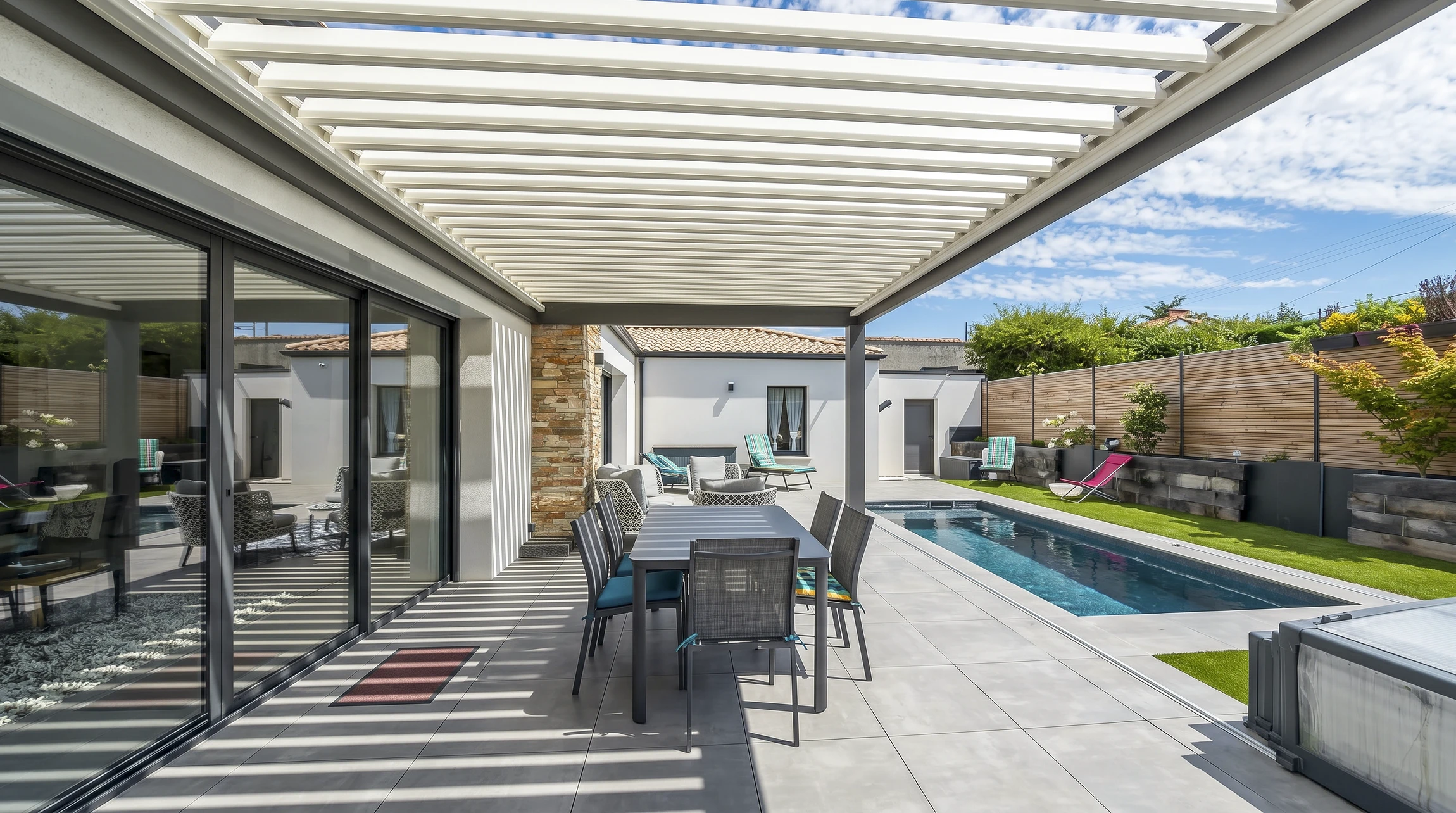 Pergola bioclimatique blanche à lames orientables, installée sur une terrasse en bois composite
