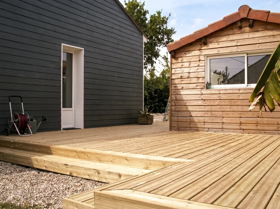 Terrasse aménagée avec mobilier de jardin en bois teck, chaises longues avec coussins blancs, table d'appoint