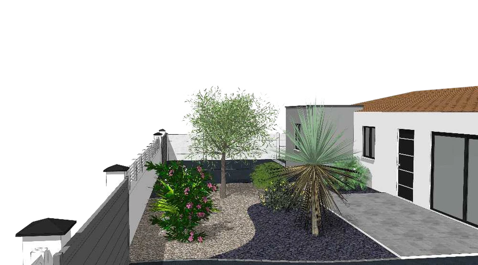 Plan ou maquette numérique 3D d'un projet d'aménagement paysager résidentiel affiché sur un écran ou présenté sous forme visuelle professionnelle, montrant une vue perspective d'un jardin avec terrasse, plantations et mobilier extérieur. L'image doit clairement montrer un travail de conception et de visualisation avant réalisation des travaux, sans bulldozer ni chantier actif.